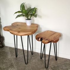 two wooden tables with hairpin legs and a potted plant