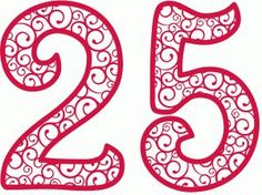 the number twenty two with swirls and hearts in red on a white background is shown