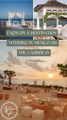 an advertisement for a destination wedding in mexico or the caribbean with pictures of chairs, tables and umbrellas