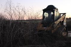 a tractor that is sitting in the grass near some bushes and trees, with water behind it