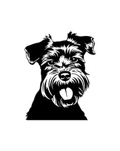 a black and white drawing of a dog's face with its tongue hanging out