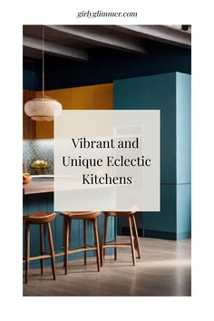 Vibrant kitchen with turquoise cabinets, wooden stools, and modern lighting. Modern Style Kitchen