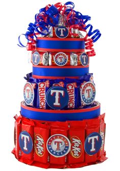 a stack of candy bar wrappers with the word texas on them and tied in red, white, and blue ribbons