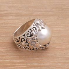 Cultured Mabe Pearl and Sterling Silver Lotus Cocktail Ring - Lotus Moonlight | NOVICA Dainty Fashion, Pearl Cocktail Ring, Pearl Rings Vintage, Silver Pearl Ring, Silver Pooja Items, Silver Rings Simple, Mabe Pearl, Bangles Jewelry Designs, Gold Jewellery Design Necklaces