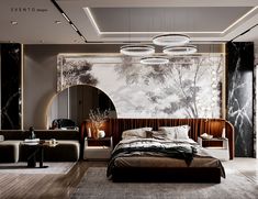 a bedroom with a large painting on the wall and bed in front of it,