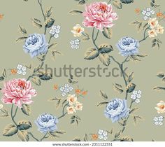 floral wallpaper with pink, blue and white flowers on a green background stock photo