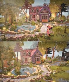 two pictures of a house in the woods with flowers and trees on each one side