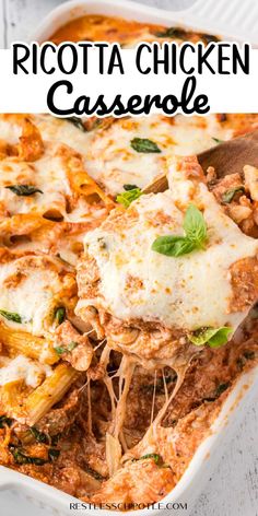 a casserole dish filled with ricotta chicken and spinach, topped with parmesan cheese