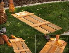 the steps are made out of wooden boards and being used to make a garden path