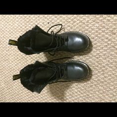 Never Worn, Serena Boot Black Combat Boots With Reinforced Heel For Winter, Black Ankle Boots With Faux Fur Lining, Black Boots With Faux Fur Lining And Round Toe, Chic Black Lace-up Boots For Winter, Black Moto Boots With Padded Ankle For Winter, Chic Black Combat Boots For Winter, Black Boots With Faux Fur Lining For Fall, Shoes Doc Martens, Doc Marten Oxford