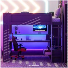 a purple loft bed with desk and chair in front of the computer monitor on the wall