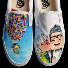 Contact me if you want to customize the picture you want. Up Inspired Wedding, Painted Vans Shoes, Designing Shoes, Painted Af1, Aesthetic Vans, Disney Painted Shoes, Converse Ideas, Shoe Drawings, Hand Painted Vans