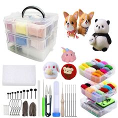 various crafting supplies and tools are arranged in plastic containers, including scissors, thread, needles, needle tips, yarn balls, and stuffed animals