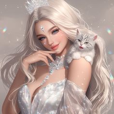 a digital painting of a woman with a cat on her shoulder and wearing a tiara