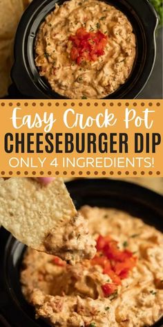 an easy crock pot cheeseburger dip with tortilla chips on the side