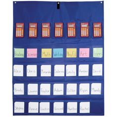 a blue bulletin board with several different types of numbers on it and words written in small squares