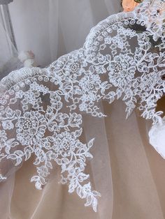 "Elegant alencon lace perfect for bridal gown, diy wedding, applique sewing Listing is for One yard (Additional quantities are available.) Width approx: 5\" (21.5 cm) Sample: Available https://www.etsy.com/listing/227110552/fabric-sample Use for neckline, shoulder belt, pillowcase, dresses, gifts, bags decoration, party dress, curtains, skirt bottoming, home decor and other projects you could imagine. MORE ALENCON LACE: https://www.etsy.com/shop/lacelindsay?section_id=21370462 For more quantity, Embroidery Beading, Dress Trims, Wedding Veils Lace, Bridal Gloves, Cord Lace, Alencon Lace, Corded Lace, Linens And Lace, Lace Trims