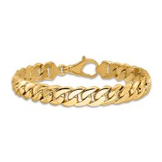 Bold solid oval anchor links entwine together in this handsome men's link chain bracelet. Fashioned in 14K yellow gold, the 8.50-inch chain secures in place with a lobster clasp and the links are approximately 10.75mm wide. Classic Cuban Link Bracelet With Oval Links, Yellow Gold Cuban Link Bracelet With Oval Links, Yellow Gold Tarnish-resistant Cuban Link Bracelet, Tarnish Resistant Yellow Gold Cuban Link Bracelet, Yellow Gold Cuban Link Bracelet, Classic Gold Bracelet With Oval Link Curb Chain, Gold Cuban Link Bracelet With Oval Links, Yellow Gold Cuban Link Bracelet With Oval Chain, 14k Gold Cuban Link Bracelet With Polished Finish