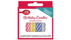 birthday candles are packaged in a red package with white and blue stripes on the front