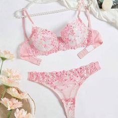 pink lingerie set embroidered Bra And Under Set, Lingerie Rosa, Lingerie Catalog, Pink Lingerie, Lingerie Outfits, Bra Panty, Pink Bra, Bras And Panties, Underwire Bra