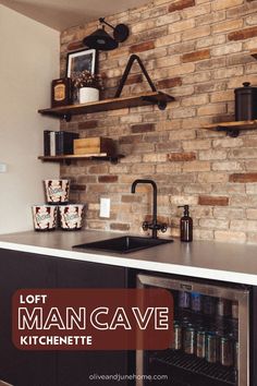 a kitchen with a brick wall and shelves above the sink is featured in this ad