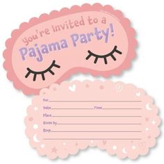 a pink party card with an eyeball and eyelashes on the front, and a speech bubble