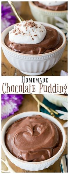 homemade chocolate pudding in a bowl with whipped cream on top