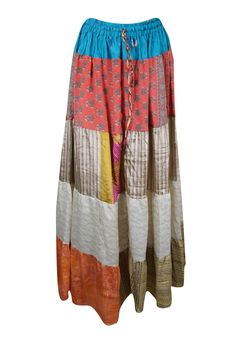 Add seasonal charm to your wardrobe with this enchanting flared maxi skirt! Skillfully made from upcycled saree fabric, it features vibrant Red, Beige, patterns, and a lively mix of colors, making each skirt a one-of-a-kind piece. The ankle-length silhouette and adjustable drawstring waist offer a comfortable and flattering fit, ideal for casual strolls through farmer’s markets or festive dances at beachside gatherings. Handmade with sustainability in mind, this boho-chic skirt blends bold style Bohemian Summer Festive Lehenga, Summer Bohemian Lehenga For Festive Occasions, Bohemian Summer Lehenga For Festive Occasions, Bohemian Maxi Skirt For Festive Occasions, Bohemian Floor-length Lehenga For Summer, Bohemian Floor-length Summer Lehenga, Bohemian Maxi Skirt For Summer Festivals, Traditional Multicolor Maxi Skirt, Red Flowy Maxi Skirt For Festival