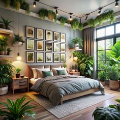 a bedroom with lots of plants and pictures on the wall