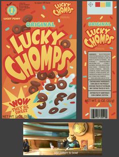 an advertisement for lucky chomp's cereal is shown on the front and back cover