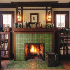 fireplace decor tiles Tiled Fireplace Ideas, Wood Stove Ideas, Craftsman Fireplace Mantels, Stove Ideas, Awesome Houses