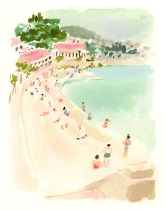 watercolor painting of people walking on the beach