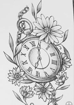 a drawing of a pocket watch with flowers on the front and sides, sitting on top of a piece of paper