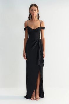 Black Ruffle Maxi Dress Length from Shoulder: 160 cm 100% Polyester Model Measurements: Height: 1.77 Bust: 83 Waist: 58 Hips: 89 cm Model is wearing size S Prom Dress Inspo, Drape Maxi Dress, Spring Maxi Dress, Prom Dress Inspiration, Black Bridesmaid Dresses, Pretty Prom Dresses, Grad Dresses, Modieuze Outfits, Glam Dresses