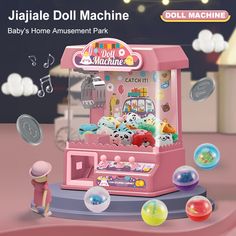 the baby's home amusement park machine is pink and has lots of bubbles around it