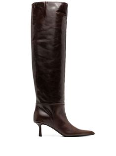 pointed-toe knee-high boots from ALEXANDER WANG featuring brown, leather, pointed toe, knee-high and low heel. Brown Knee High Boots Low Heel, Brown High Boots, Tall Brown Leather Boots, Brown Knee High Boots, Boots Brown, Brown Leather Boots, Brown Boots, Low Heels, Alexander Wang