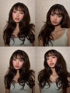 four different pictures of a woman with long brown hair and bangs, in three different poses