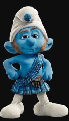 the smurfs character is dressed up in blue and white clothing, with his hands on his hips