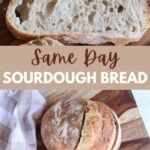 some bread is sitting on top of a cutting board with the words same day sourdough bread