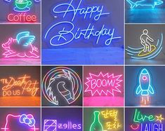 various neon signs that say happy birthday