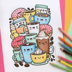 a drawing of coffee mugs and donuts with faces drawn on the paper next to each other