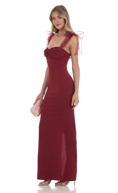 Off Shoulder Red Dress, Dark Red Dresses, Tie Maxi Dress, Lucy In The Sky, Timeless Dress, Feminine Beauty, Crepe Fabric, Dark Red, Elegant Dresses