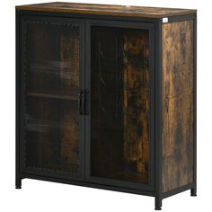 an old wooden cabinet with glass doors on the front and bottom, against a white background