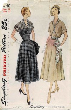 1950s Simplicity 3240 Vintage Sewing Pattern - Misses' and Women's One-Piece Dress and Bolero: The dress features a rolled collar and short gathered sleeves which are cut in one with the bodice. A fitted high midriff accentuates the bustline and the eight-gored skirt is softly flared. Style I is styled with a contrasting bodice and matching sash. A sheer fabric is suggested for Style II and a self or purchased belt is used. The brief bolero features short kimono sleeves faced with notched cuffs. 1950 Sewing Patterns, Redesign Clothes, 1940s Patterns, Midriff Dress, Dress And Bolero, 50's Fashion, Sewing Vintage, Lady Style, Paper Patterns