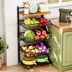 a kitchen island with fruit and vegetables on it