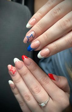 Red white and blue nails Almond Nails 4th Of July, Aesthetic Fourth Of July Nails, Fourth Of July Nails 2024, Nails Acrylic Almond Summer, Classy 4th Of July Nails, Biab Nail, Patriotic Nail, Hawaii Nails