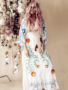 Spring Autumn Women Loose Casual Kimono Floral embroidered Maxi Dress Boho Ruffle Hem Beach Dresses - Black,M Embroidered Maxi Dress For Summer Vacation, Spring Festival Embroidered V-neck Dress, Bohemian V-neck Embroidered Dress For Brunch, Casual Floral Embroidery Dresses For Beach Season, Casual Embroidered Dresses For Beach Season, Summer Festival Maxi Dress With Floral Embroidery, Casual Floral Embroidered Dresses For Beach Season, Spring Festival Boho Maxi Dress, Summer Vacation Embroidered Dresses