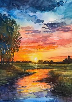 a painting of a sunset with trees and water