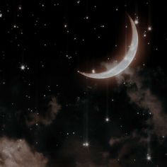 the night sky is filled with stars and a crescent moon