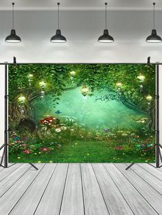 an image of a green forest scene with mushrooms and flowers on the floor, in front of a wall mural